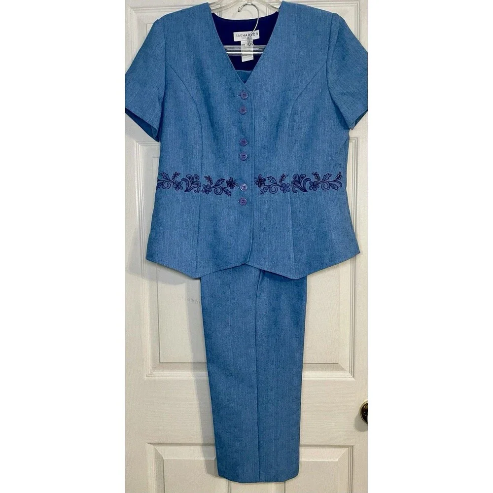 Vintage Sag Harbor Blue Sz12P 2 Piece Pant Set Button Short Sleeve Jacket